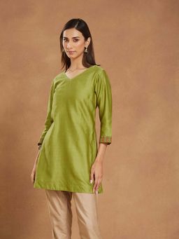 Fabindia - Green Cotton Silk Hand Block Printed Slim Fit Kurti