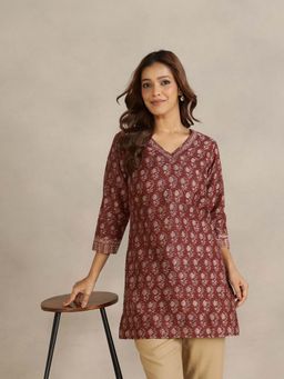 Fabindia - Brown Cotton Silk Hand Block Printed Slim Fit Short Kurti