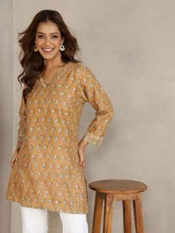 Fabindia - Beige Cotton Silk Printed Slim Fit Kurti