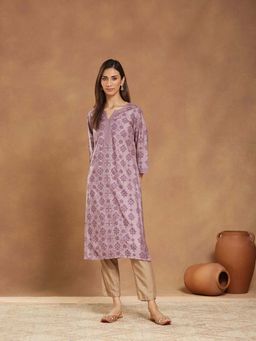 Fabindia - Lavender Viscose Silk Printed Long Kurta