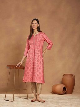 Fabindia - Pink Viscose Silk Printed Long Kurta