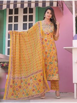 ART AVENUE - Women Floral Printed Mustard Kurta with Pant and Dupatta