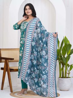 ART AVENUE - Floral Printed Teal Kurta with Pant and Dupatta