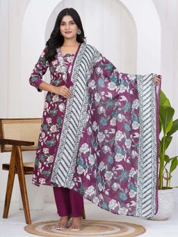 ART AVENUE - Floral Printed Purple Kurta with Pant and Dupatta