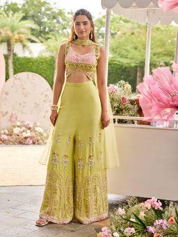 Label S4U - Lime Green Dola Silk Embroidered Palazzo with Bustier and Dupatta