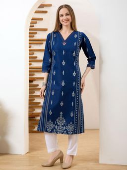 MEENA BAZAAR - Blue Embroidered Denim Kurta