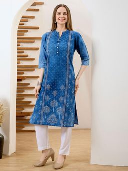 MEENA BAZAAR - Blue Neck Patti Denim Kurta