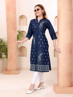 MEENA BAZAAR - Navy Blue Neck Patti Denim Kurta