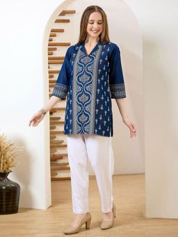 MEENA BAZAAR - Navy Blue Embroidered Denim Kurti