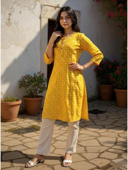 Rangita - Women Yellow Cotton Printed Straight Calf Length Kurta