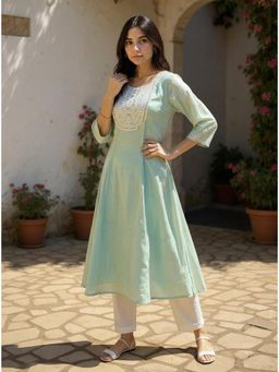Rangita - Women Mint Blue Chanderi Embroidered Flared Calf Length Kurta