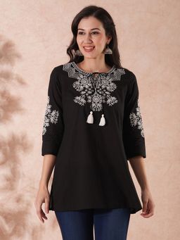 Globus - Women Black Floral Embroidered Yoke Tie-Up Neck Side Slit Workwear Tunic