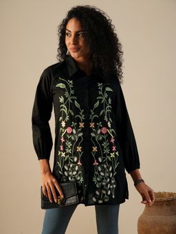 Globus - Women Black Shirt Collar Bishop Sleeves Floral Embroidered A-Line Fusion Tunic