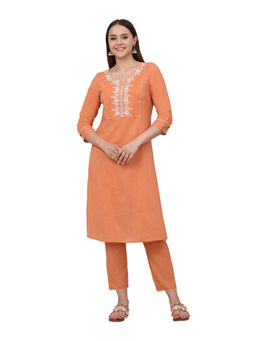 Cantabil - Women Orange Solid V-Neck Kurta with Palazzo (Set of 2)
