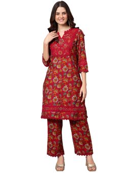 Cantabil - Women Pink Floral Print V-Neck Kurta with Palazzo (Set of 2)