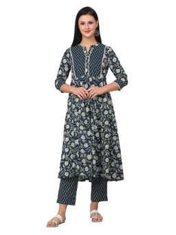 Cantabil - Women Blue Printed Band Collar Kurta with Palazzo (Set of 2)