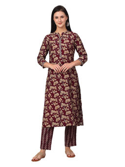 Cantabil - Women Wine Printed Band Collar Kurta with Palazzo (Set of 2)