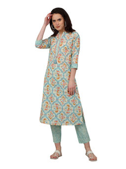 Cantabil - Women Off White Printed Band Collar Kurta with Palazzo (Set of 2)