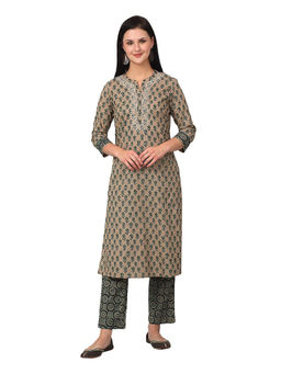 Cantabil - Women Green Printed Band Collar Kurta with Palazzo (Set of 2)