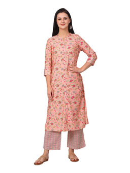 Cantabil - Women Peach Printed Band Collar Kurta with Palazzo (Set of 2)