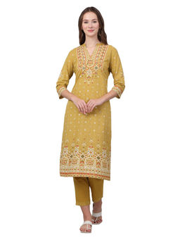 Cantabil - Women Mustard Floral Print V-Neck Kurta with Palazzo (Set of 2)