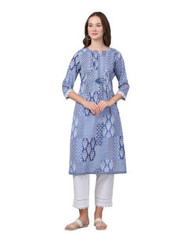 Cantabil - Women Blue Printed Round Neck Kurta with Palazzo (Set of 2)