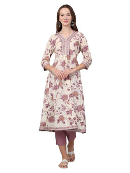 Cantabil - Women Ivory Floral Print V-Neck Kurta with Palazzo (Set of 2)