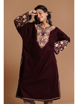 Tjori - Maroon Oak Aari Embroidered Kashmiri Phiran Kurta Free Size