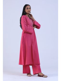 Tjori - Pink Cotton Kurta with Embroidery On Neckline