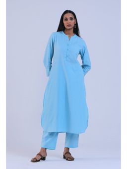 Tjori - Women Blue V-Neck Cotton Kurta