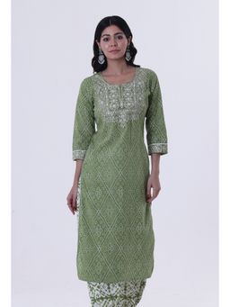 Tjori - Green and White Color Cotton Block Printed Kurta