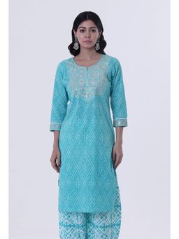 Tjori - Turquoise and White Cotton Block Printed Kurta