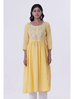 Tjori - Yellow and White Cotton Block Printed Kurta