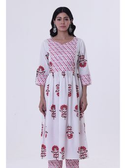 Tjori - White Cotton Block Printed with Red Motif Kurta