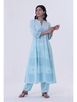 Tjori - Greenish-Blue Cotton Block Printed Anarkali Kurta