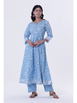 Tjori - Blue and White Cotton Block Printed Kurta