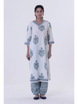 Tjori - White Cotton Kurta with Blue Motif
