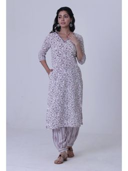 Tjori - White Cotton Kurta with Multicolor Motif