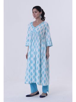 Tjori - White Cotton Kurta with Blue Motif