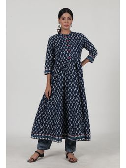 Tjori - Indigo Printed Blue Cotton Anarkali Kurta