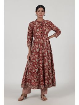 Tjori - Ajrakh Printed Red Cotton Anarkali Kurta