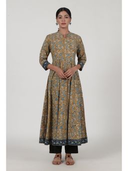 Tjori - Ajrakh Printed Brown Cotton Anarkali Kurta