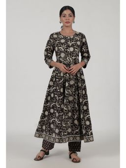Tjori - Ajrakh Printed Black Cotton Anarkali Kurta