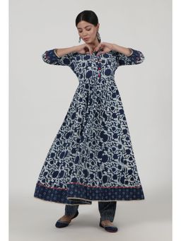 Tjori - Indigo Printed Blue Cotton Anarkali Kurta
