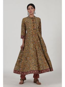 Tjori - Ajrakh Printed Yellow Cotton Anarkali Kurta