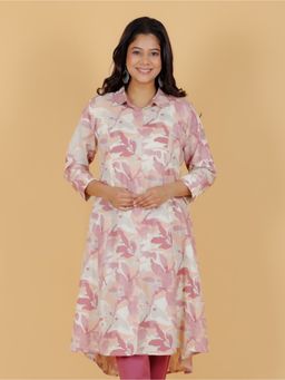 ARAMYA - Linen Cotton High Low Foliage Print Kurta for Women