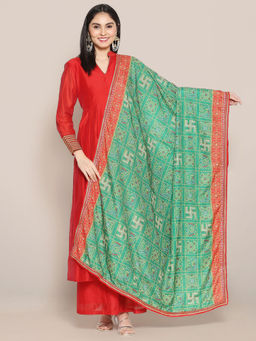 Dupatta Bazaar - Womens Green Digital Print Bandhini Crepe Silk Dupatta