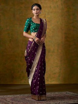WeaverStory - Handloom Wine Banarasi Booti Saree With Unstitched Blouse