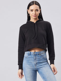 DOLCE CRUDO - Women's Black Round Neck Full Sleeve Solid Crop Sweatshirt