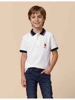 U.S. POLO ASSN. - White Cotton Half Sleeves Collar Neck Textured Polo T-shirt